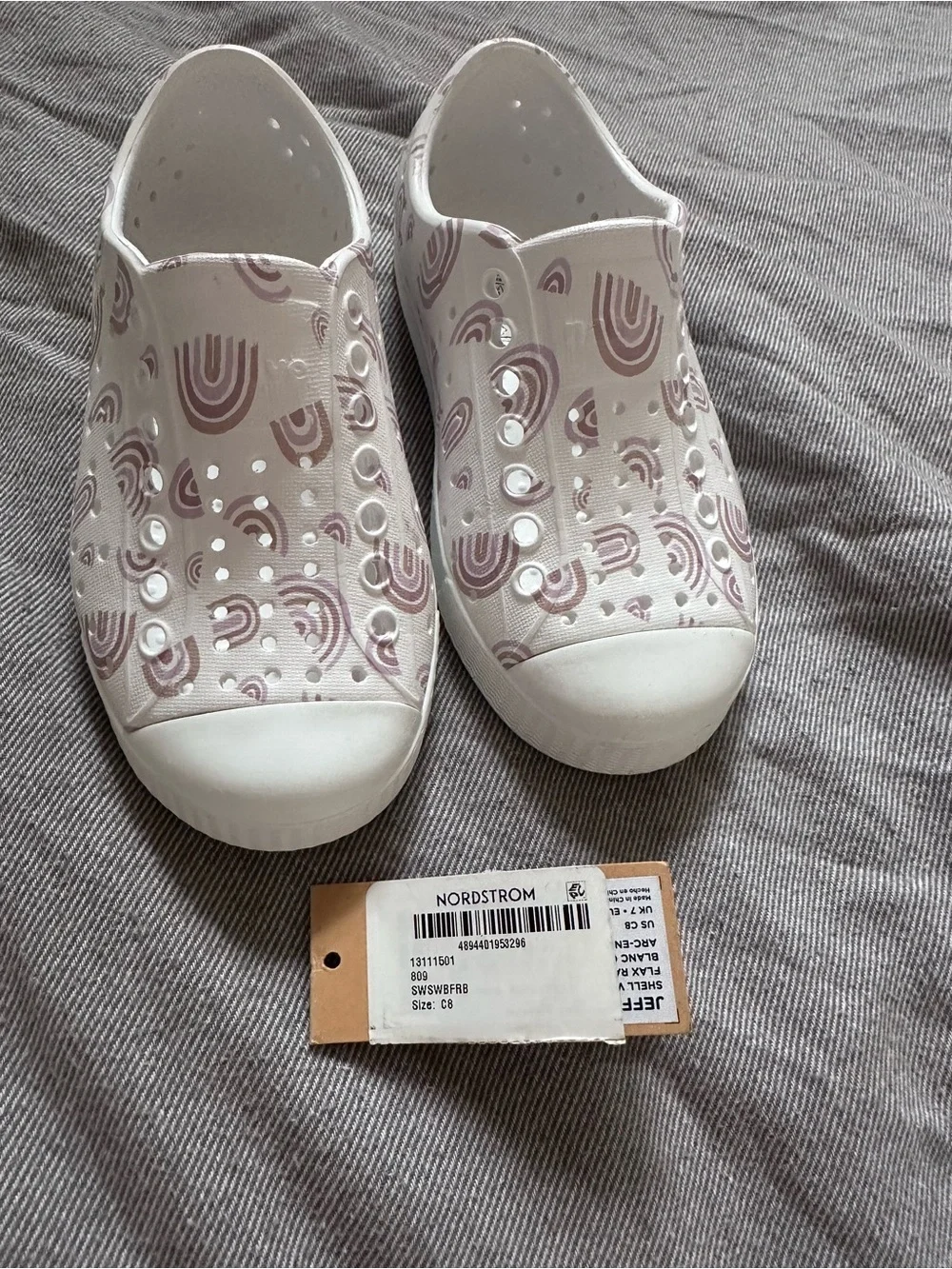 Nordstrom Kids White Slip-On Sneakers with Mauve Rainbow Motif
